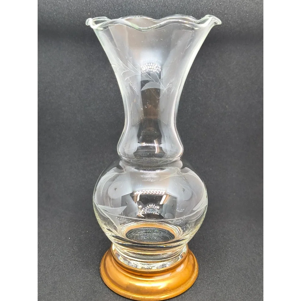 Vintage Princess House Etched Wheat Glass Bud Vase Copper Base Ruffled Rim